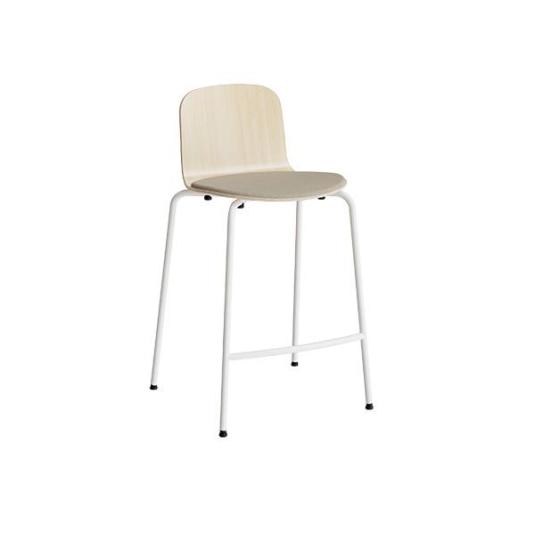 Barstol Add med birk laminat, beige tekstil sæde, fodstøtte og hvidt stel