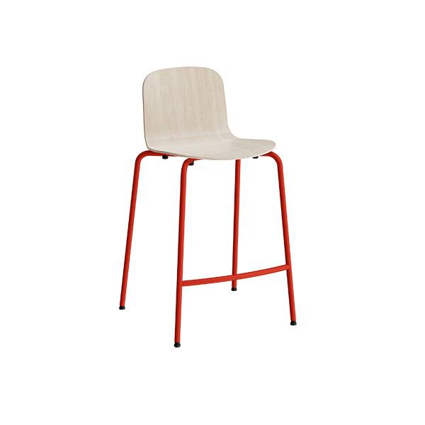 Barstol med hvidpigmenteret eg laminat og r&oslash;dt understel