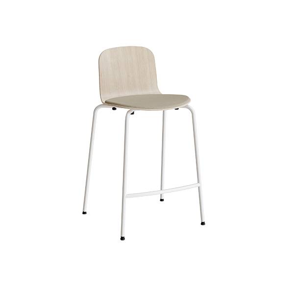 Barstol Add med birk laminat, beige tekstil sæde, fodstøtte og hvidt glans stel