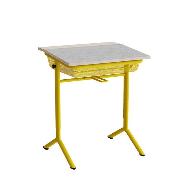 Atlas bord 65x55cm i lys gr&aring; linoleum med gult stel, h&oslash;jde 70-90cm