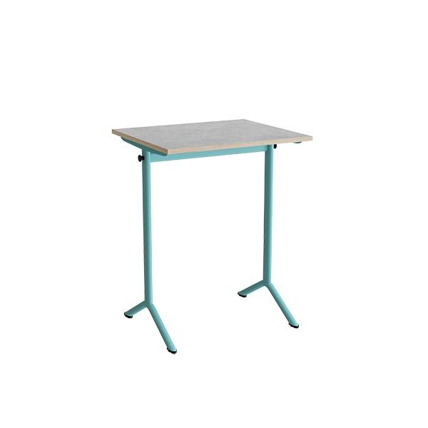 Atlas bord 70x60cm i lydd&aelig;mpende lys gr&aring; linoleum med turkis stel, h&oslash;jde 90cm