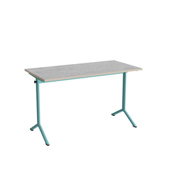 Atlas bord 120x60cm i lydd&aelig;mpende lys gr&aring; linoleum med turkis stel, h&oslash;jde 72cm