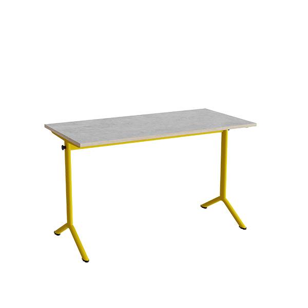 Atlas bord 120x60cm i lydd&aelig;mpende lys gr&aring; linoleum med gult stel, h&oslash;jde 72cm