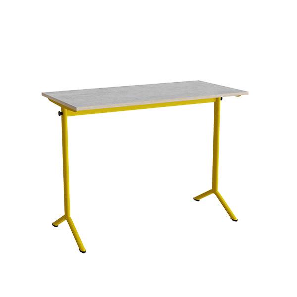 Atlas bord 120x60cm i lydd&aelig;mpende lys gr&aring; linoleum med gult stel, h&oslash;jde 90cm