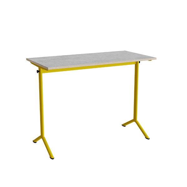 Atlas bord 120x60cm i lydd&aelig;mpende lys gr&aring; linoleum med gult stel, h&oslash;jde 90cm