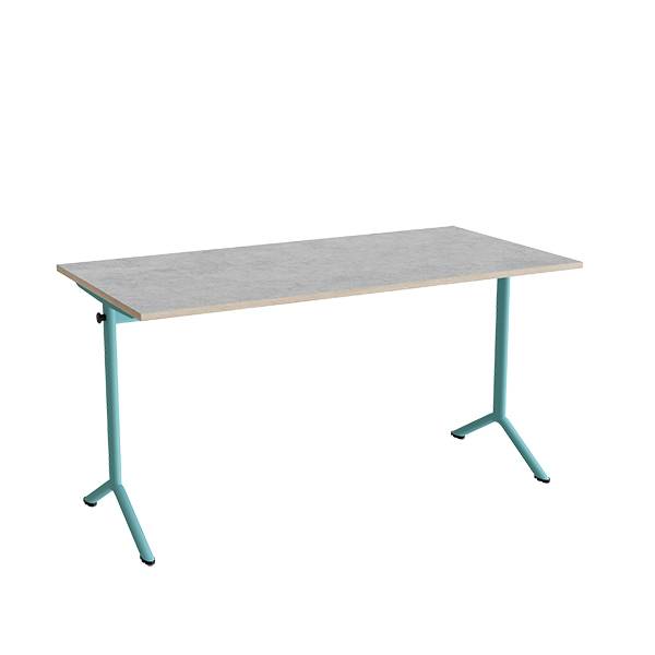 Atlas bord 140x70cm i lydd&aelig;mpende lys gr&aring; linoleum med turkis stel, h&oslash;jde 72cm