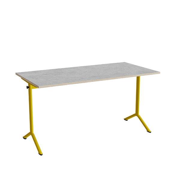 Atlas bord 140x70cm i lydd&aelig;mpende lys gr&aring; linoleum med gult stel, h&oslash;jde 72cm