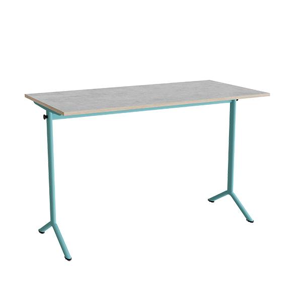 Atlas bord 140x70cm i lydd&aelig;mpende lys gr&aring; linoleum med turkis stel, h&oslash;jde 90cm