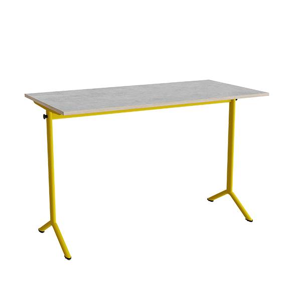 Atlas bord 140x70cm i lydd&aelig;mpende lys gr&aring; linoleum med gult stel, h&oslash;jde 90cm