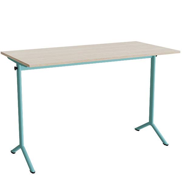 Atlas bord 140x70cm i lydd&aelig;mpende hvidpigmenteret eg med turkis stel, h&oslash;jde 90cm