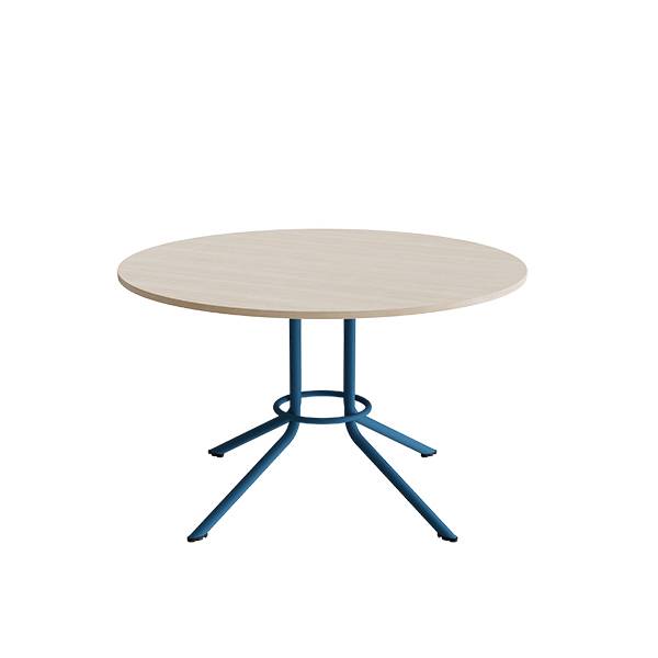 Atlas cafébord Ø120cm i hvidpigmenteret eg med blåt stel, højde 72cm