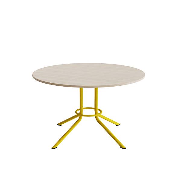 Atlas cafébord Ø120cm i hvidpigmenteret eg med gult stel, højde 72cm