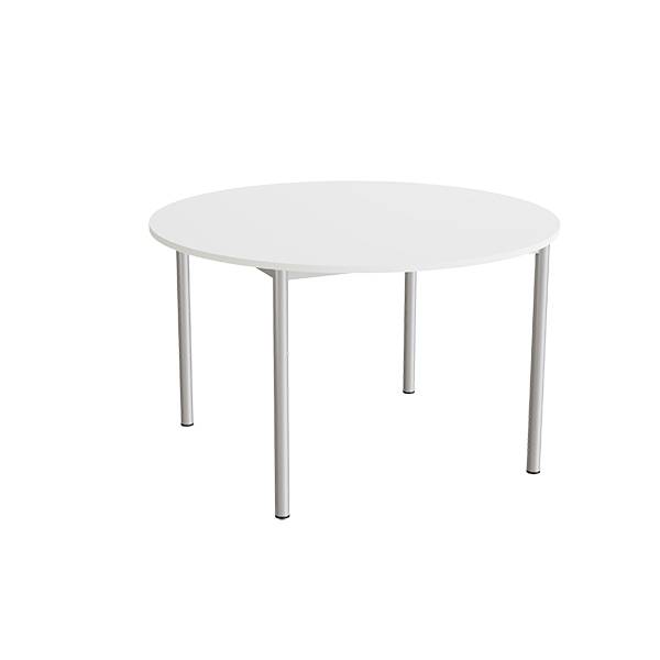 Kantinebord Ø120cm i hvid højtrykslaminat med alugråt stel, højde 72cm