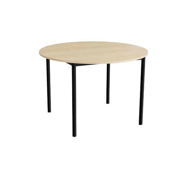 Kantinebord Ø120cm i birk højtrykslaminat med sort stel, højde 80cm