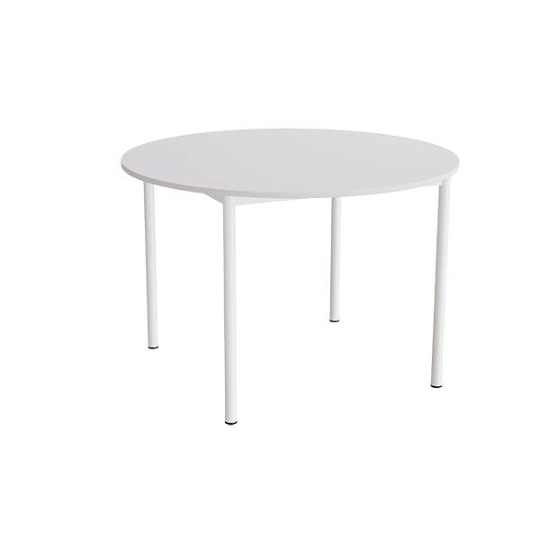 Kantinebord Ø120cm i grå højtrykslaminat med hvidt stel, højde 80cm