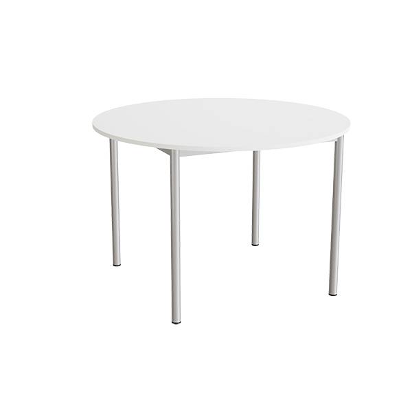 Kantinebord Ø120cm i hvid højtrykslaminat med alugråt stel, højde 80cm