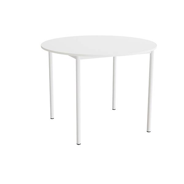 Kantinebord Ø120cm i hvid højtrykslaminat med hvidt stel, højde 90cm