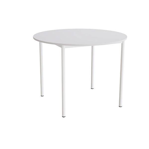 Kantinebord &Oslash;120cm i gr&aring; h&oslash;jtrykslaminat med hvidt stel, h&oslash;jde 90cm