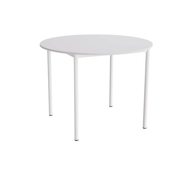Kantinebord Ø120cm i grå højtrykslaminat med hvidt stel, højde 90cm