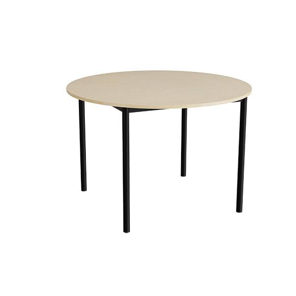 Kantinebord Ø120cm i beige linoleum med sort stel, højde 80cm