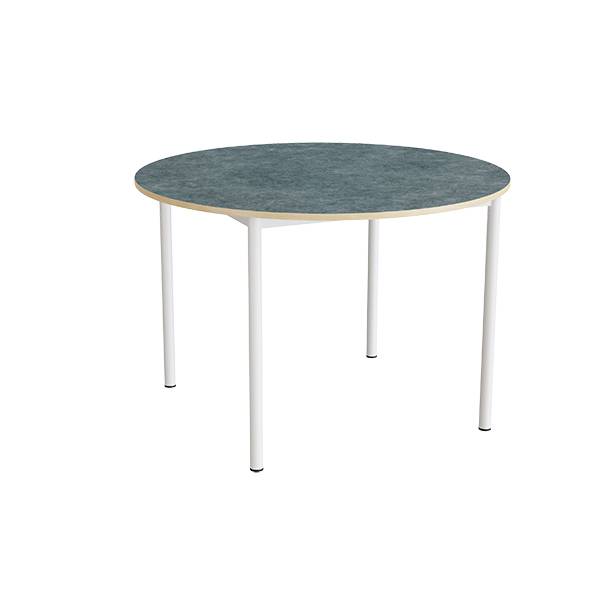 Kantinebord Ø120cm i mørk grå linoleum med hvidt stel, højde 80cm