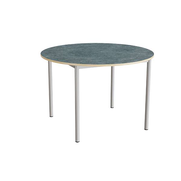 Kantinebord Ø120cm i mørk grå linoleum med alugråt stel, højde 80cm
