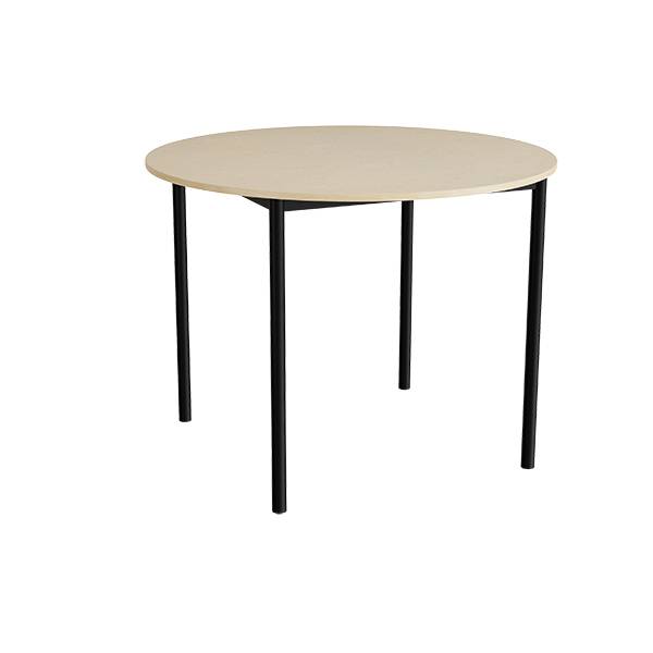 Kantinebord Ø120cm i beige linoleum med sort stel, højde 90cm