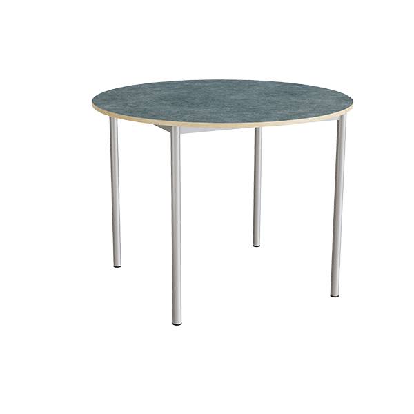 Kantinebord Ø120cm i mørk grå linoleum med alugråt stel, højde 90cm