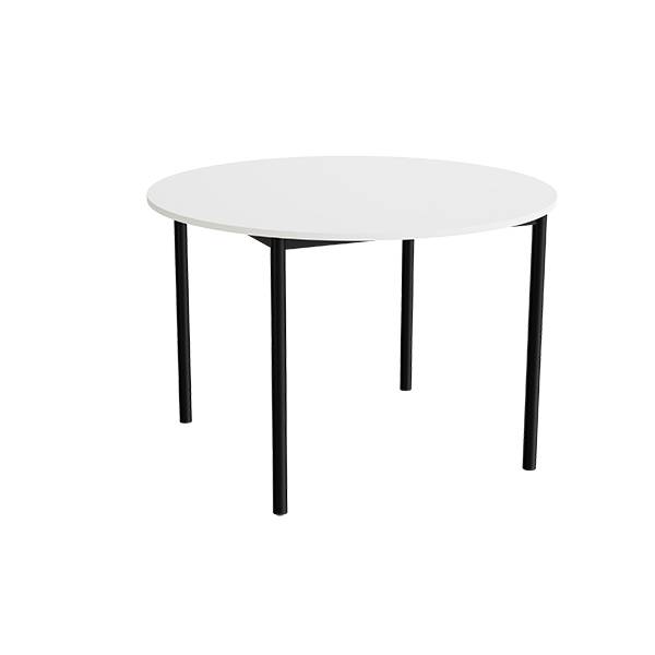 Kantinebord Ø120cm i lyddæmpende hvid laminat med sort stel, højde 80cm