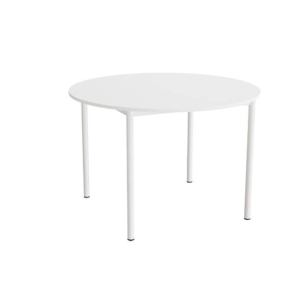 Kantinebord Ø120cm i lyddæmpende hvid laminat med hvidt stel, højde 80cm
