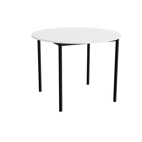 Kantinebord Ø120cm i lyddæmpende hvid laminat med sort stel, højde 90cm