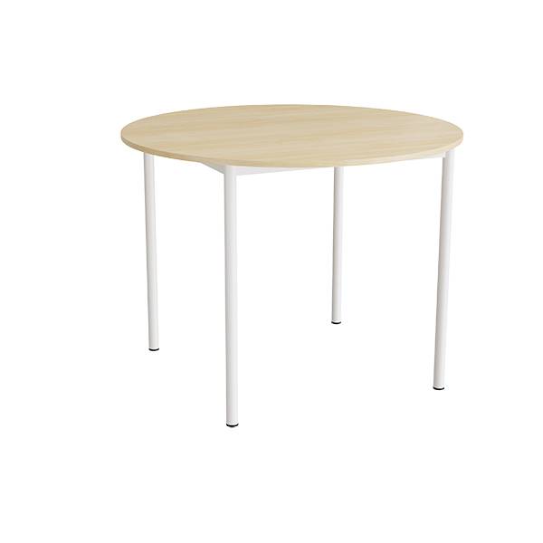 Kantinebord Ø120cm i lyddæmpende birk laminat med hvidt stel, højde 90cm