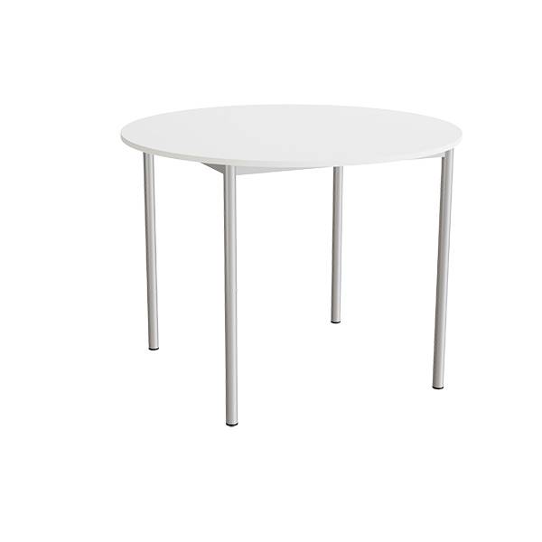 Kantinebord Ø120cm i lyddæmpende hvid laminat med alugråt stel, højde 90cm