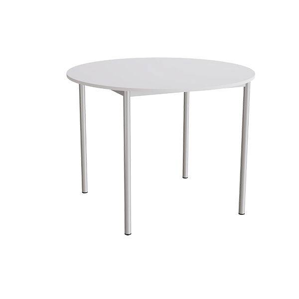 Kantinebord &Oslash;120cm i lydd&aelig;mpende gr&aring; laminat med alugr&aring;t stel, h&oslash;jde 90cm