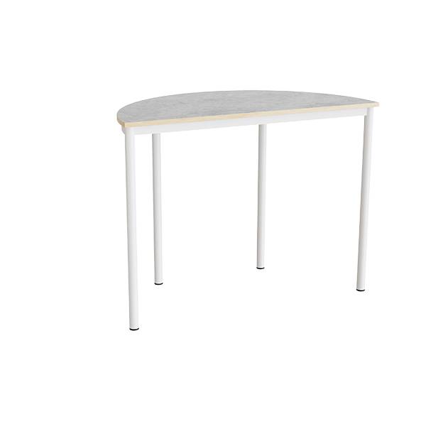 Halvrundt elevbord 120x60cm i lys gr&aring; linoleum med hvidt stel, h&oslash;jde 90cm