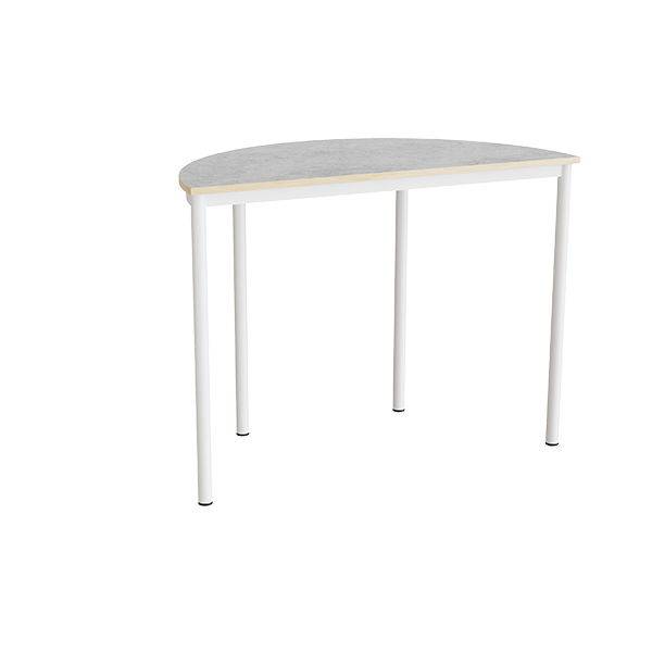 Halvrundt elevbord 120x60cm i lys gr&aring; linoleum med hvidt stel, h&oslash;jde 90cm