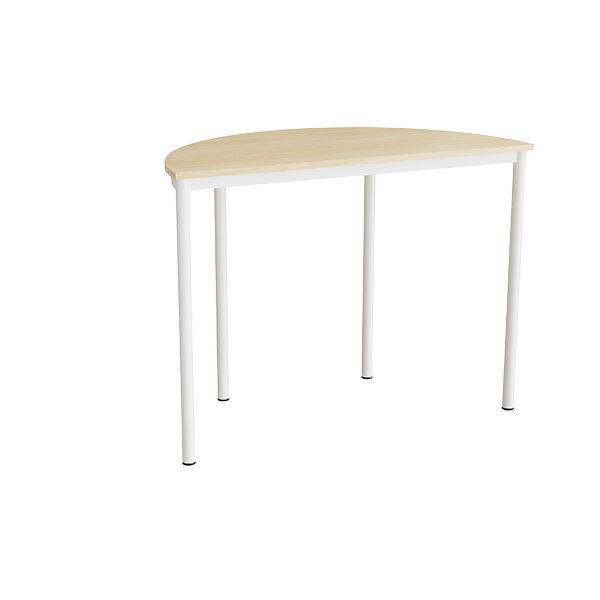 Halvrundt elevbord 120x60cm i lydd&aelig;mpende birk laminat med hvidt stel, h&oslash;jde 90cm