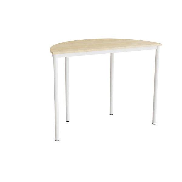 Halvrundt elevbord 120x60cm i lydd&aelig;mpende birk laminat med hvidt stel, h&oslash;jde 90cm