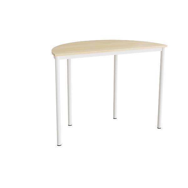 Halvrundt elevbord 120x60cm i lydd&aelig;mpende birk laminat med hvidt stel, h&oslash;jde 90cm