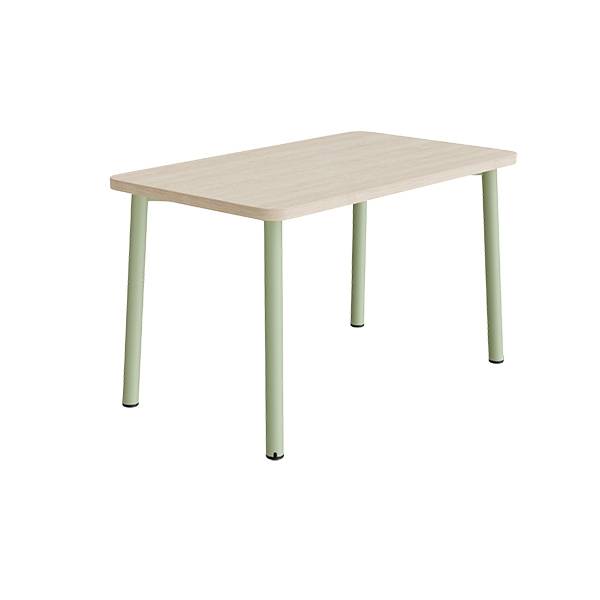 B&oslash;rnebord 120x70cm i lydd&aelig;mpende hvidpigmenteret eg laminat med gr&oslash;nt stel, h&oslash;jde 72cm