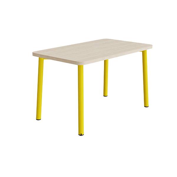B&oslash;rnebord 120x70cm i hvidpigmenteret eg laminat med gult stel, h&oslash;jde 72cm