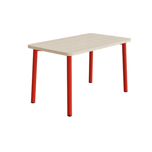 B&oslash;rnebord 120x70cm i hvidpigmenteret eg laminat med r&oslash;dt stel, h&oslash;jde 72cm