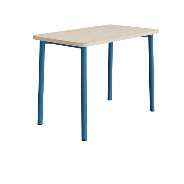 B&oslash;rnebord 120x70cm i hvidpigmenteret eg laminat med bl&aring;t stel, h&oslash;jde 90cm