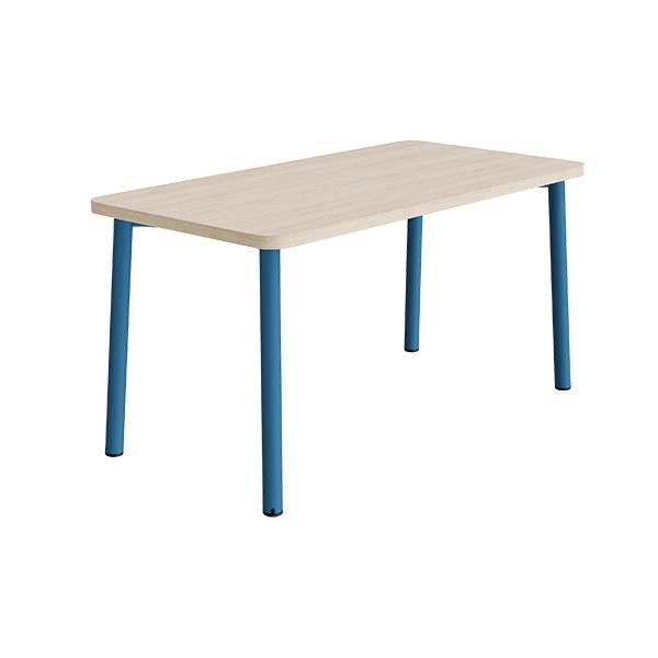 B&oslash;rnebord 140x70cm i lydd&aelig;mpende hvidpigmenteret eg laminat med bl&aring;t stel, h&oslash;jde 72cm