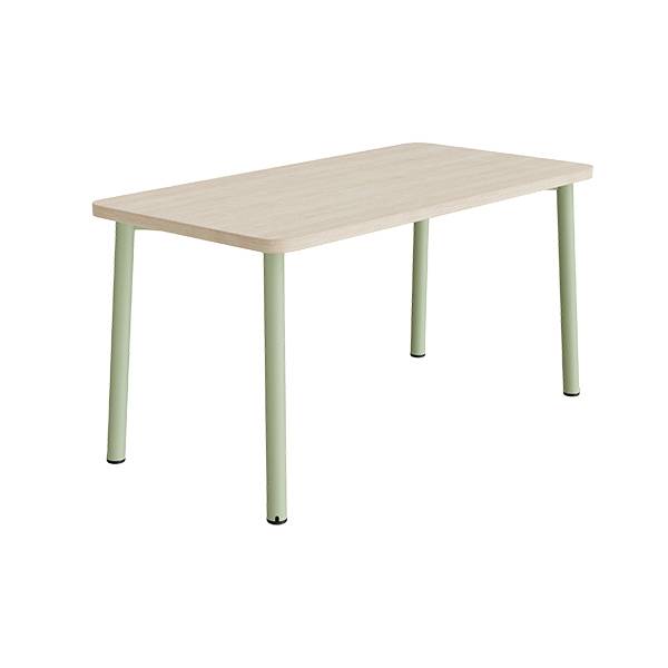 B&oslash;rnebord 140x70cm i lydd&aelig;mpende hvidpigmenteret eg laminat med gr&oslash;nt stel, h&oslash;jde 72cm