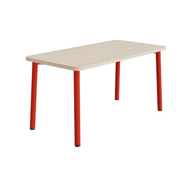 B&oslash;rnebord 140x70cm i lydd&aelig;mpende hvidpigmenteret eg laminat med r&oslash;dt stel, h&oslash;jde 72cm