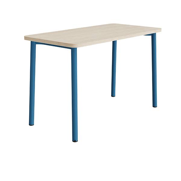 B&oslash;rnebord 140x70cm i hvidpigmenteret eg laminat med bl&aring;t stel, h&oslash;jde 90cm