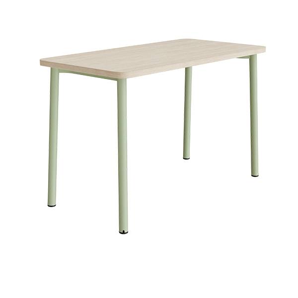 B&oslash;rnebord 140x70cm i hvidpigmenteret eg laminat med gr&oslash;nt stel, h&oslash;jde 90cm