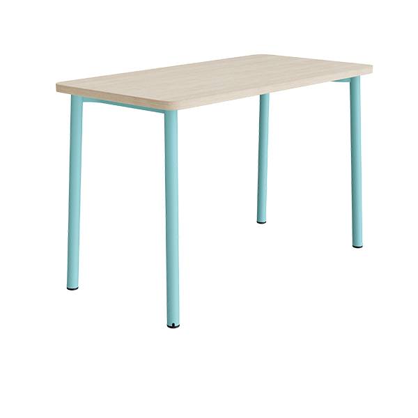 B&oslash;rnebord 140x70cm i hvidpigmenteret eg laminat med turkis stel, h&oslash;jde 90cm