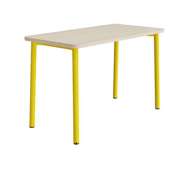B&oslash;rnebord 140x70cm i hvidpigmenteret eg laminat med gult stel, h&oslash;jde 90cm